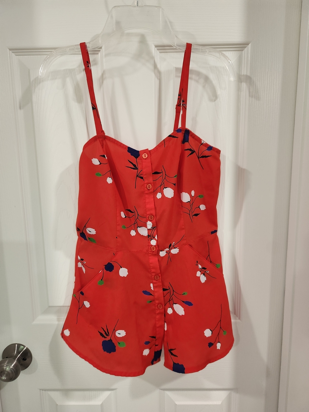 Red Floral Button-Front Spaghetti Strap Top